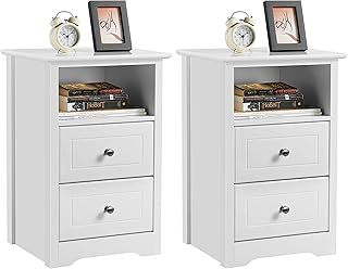 Yaheetech Bedside Table Set of 2, Bedside Cabinet Wooden Nightstand with 2 Drawers and Cupboard Side End Table Storage Unit for Living Room Bedroom, White, 35 x 40 x 60 cm