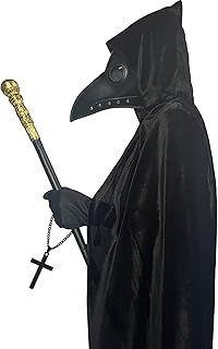 GADNOZEL Halloween Plague Doctor Mask Costumes Set 5 in 1, Long Nose Beak Mask Hooded Cloak Scepter Cross Necklace Gloves for Halloween Costume Party