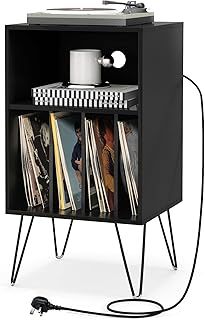 COSTWAY Record Player Stand with Charging Station, Turntable Stand End Sofa Side Table with 5 Shelves & Cable Hole, Albums Vinyl Record Storage Cabinet Holder for Living Room Bedroom (Rustic Brown)