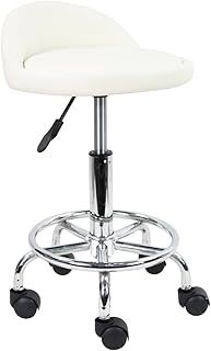 KKTONER PU Leather Round Rolling Stool with Foot Rest Height Adjustable Swivel Drafting Work SPA Task Chair with Wheels (White)
