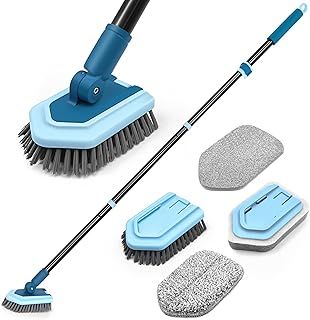 JEHONN Bathroom Cleaning Brush with 130 cm Long Handle, Upgraded Shower Tile Tub Scrubber, 4 Different Function Scrubbing Brush Attachments Head for Bathtub, Floor, Wall, Baseboard (Blue)