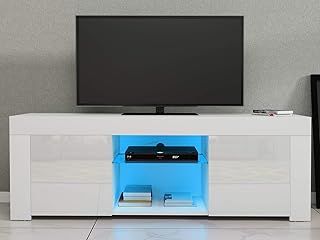 Panana TV Unit Cabinet Sideboard Glass Shelf Storage Modern Stand Matt Body and High Gloss Doors 120CM with 16 Color RGB LED Lights (White)