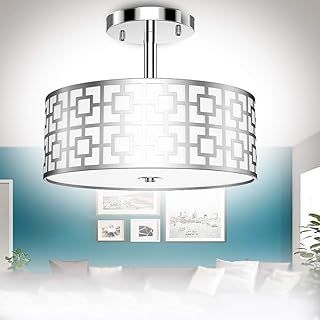 Depuley Semi Flush Mount Ceiling Light, Silver Iron Drum Chandelier Lighting, Modern Pendant Light with 3 Bulb Socket in Chrome Finish for Bedroom Dining Living Room Hallway Foyer(Bulbs No Included)