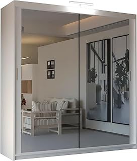 Mirror Sliding 2 or 3 Door Wardrobe with LED Light (White, 203cm)
