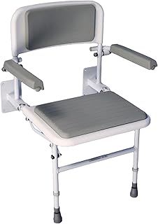Aidapt Solo Standard Deluxe Shower Seat with Legs and Backrest Padded Arms,Seat and Back,Wall Mounted,Fold Flat Against Wall,Clip On/Off seat,Adjustable,Compact,Space Saver,Elderly,Disabled