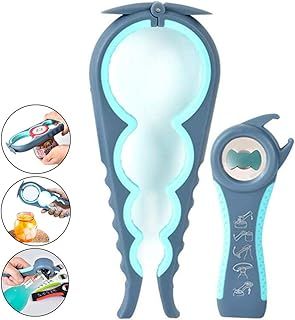 Easy Jar Bottle Opener Kit, 5in1 and 4in1 Multi Function Jar Openers, Simple to Use for Children, Elderly and Arthritis Sufferers,Silicone Hand Gripper Aid (Blue)