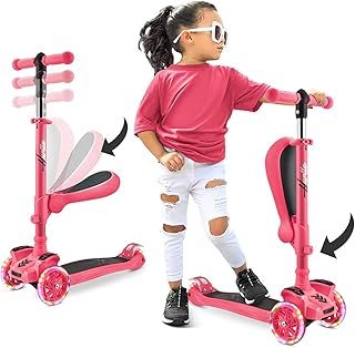 Hurtle 3-Wheel Try Scooter for Kids - Ages 2-12, Flip-able Seat, Foldable, Flashing Lights, Adjustable Height