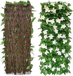 2Pcs Artificial Leaf Screening, Expandable Fence Privacy Screen for Balcony Patio Outdoor,Decorative Faux Ivy Fencing Panel,Artificial Hedges 30x200cm- Expanded (White Flowers)