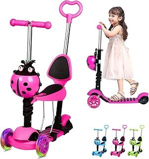5 in 1 Kids Scooter, 3 Wheels Kick Scooter with LED Flashing Light, Adjustable Removable Handlebar & Seat & Push Handle for 2-8 Years Old Boys and Girls