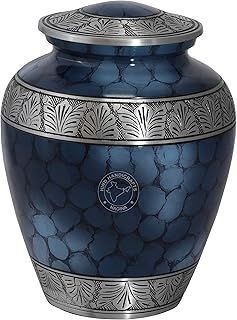 Silver Engraved Adult Cremation Urn for Human Ashes - Handcrafted Funeral Memorial Large Burial Urn (7.5" x 7.5" x 9.5"- 200lbs or 91kg, Cloud Blue) - Bag Included