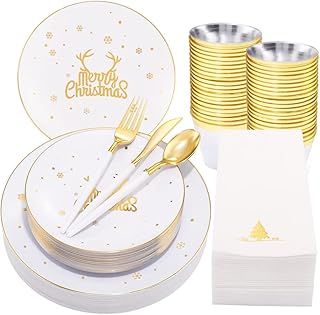 175Pcs Resuable Christmas Dinnerware Set, Gold Rimmed White Plastic Dinnerware - 25 Dinner Plates, 25 Salad Plates, 25 Knives, 25 Forks, 25 Spoons, 25 Napkins for 25 Guests Christmas Party