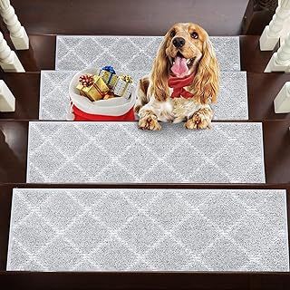 BEQHAUSE Stair Treads for Wooden Steps Non-Slip Stair Rugs Machine Washable Stair Carpet Treads 70x22cm Grey Stair Runner for Elders, Kids and Dogs Polyester Soft Stair Mats, 4pcs