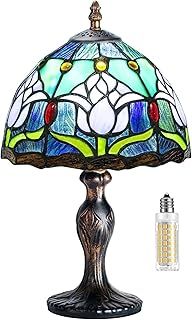 MIAOKE Stained Style Table Lamp, Vintage Table Lamp, Handcraft Stained Glass Lampshade, Table Lamps for Bedroom, Bedside Lamp, Study, Office (Blue Tulip)