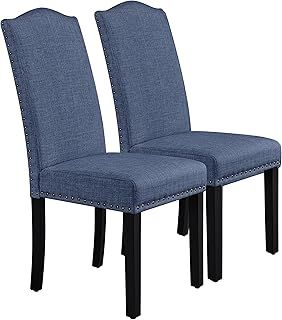 Yaheetech Upholstered Dining Chairs Set of 2 Fabric Side Chairs with High Back and Solid Wooden Legs for Dining Room and Kitchen, Blue