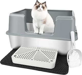 Vivifying Stainless Steel Cat Litter Tray with Lid, Easy to Clean and Odour-Resistant Stainless Steel Litter Tray, Leak-Proof Cat Litter Trays with Pedal, Scoop and Mat, 60x40x15Cm,- Grey