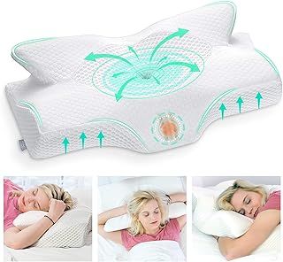 Elviros Cervical Memory Foam Pillow for Neck Pain Orthopedic Neck Pillow for Shoulder Pain Ergonomic Head Neck Support Pillow for Side/Back/Stomach Sleepers with Removable Cover (White)