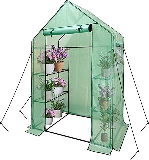 Walk In Greenhouse With Shelves,Walk-In Plant Plastic Green House With Durable Green PE Cover, 3 Tiers 6 Shelves Greenhouse Frame Stands with Ground Pegs & Ropes for Stability, 143x73x195cm
