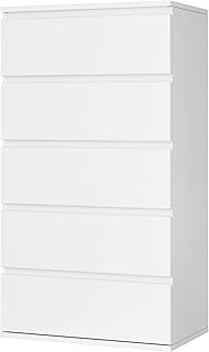 FOREHILL White Chest of Drawers Bedroom Storage Cabinet with 5 Drawers Tall Chest of Drawers Dresser Wooden Cupboard Bedroom Furniture for Living Room 55x33x100cm