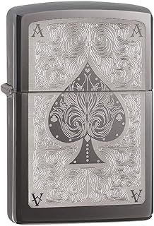 Zippo Men's Windproof Metal Long Lasting Best Fluid Refillable Perfect for Cigarettes Cigars Candles Pocket Lighter Fire Starter Ace Design, Black Ice, Regular