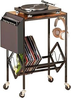 SaiDuoDuo Vinyl Record Player Stand, Record Player Table with Storage Hold 80 Albums, Vinyl Record Storage Cabinet with Organizer Pocket and Wheels