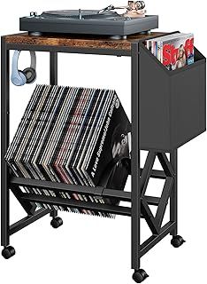 COWISH Record Player Stand Vinyl Record Player Table with Storage Hold 80 Albums Turntable Stand with Organizer Pocket and Wheels