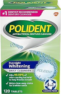 Polident Overnight Whitening Antibacterial Denture Cleanser Effervescent Tablets, 120 count