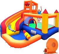 Bouncy Castle, Inflatable Trampoline Bounce House with Long Slide, Climbing Wall, Ball Pit, Cannon, Bucket Dump for Kids Indoor Outdoor