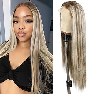SOMIARIK Brown Lace Front Wigs, 13x6 Synthetic Lace Front Ash Blonde Highlight with Brown Roots Straight Wig for Women Pre plucked with Natural Hairline Heat Resistant Daily Party Use 26 Inches