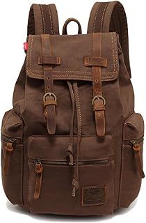 Vintage Unisex Casual Leather Backpack Canvas Rucksack Bookbag Satchel Hiking Backpack Travel Outdoor Shouder Bag