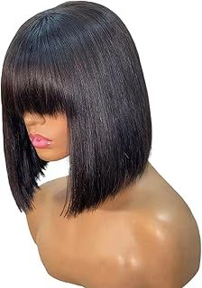 12 inch Short Bob Wigs Human Hair with Fringe 180% Density Bob Glueless for Women Upgraded 2x1Top Lace 100% Brazilian Virgin Human Hair Wigs with Bang