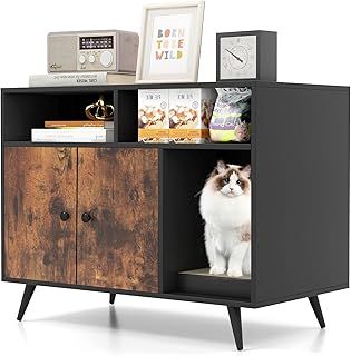 Cat Litter Box Enclosure, Hidden Cat Washroom Toilet with Double-Door Cabinet, 2 Open Compartments and Scratching Board, Kitty House Furniture for Bedroom, Living Room 90 x 50 x 70 cm