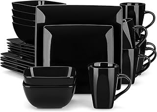 vancasso Dinner Sets for 6 People, Soho Black Plates and Bowls Set, 24-Piece Stoneware Dinner Set with 10in Dinner Plates, 8in Dessert Plate, 810ml Cereal Bowls and 340ml Mug, Square
