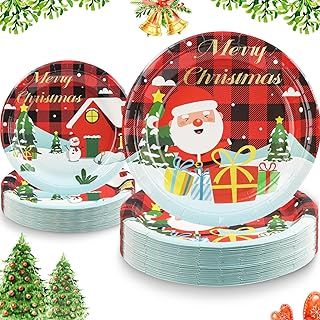 Christmas Paper Plates 40 Counts, 23cm(9inch) and 18cm(7inch) Xmas Santa Buffalo Plaid Holiday Disposable Paper Dishes for Christmas Dinner Dessert Party