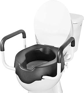 KMINA - Raised Toilet Seat with Handles and Lid Black (4 inch, Soft), 2-in-1 with Removable Padded Arms, Riser for Elderly, Disabled
