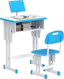 HOMCOM Kids Desk and Chair Set Adjustable Height Study Table Set w/Drawer, Book Stand, Pen Slot - Blue
