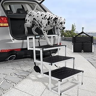Dog Steps for Car, Folding Dog Stairs for Large Dogs with Nonslip Surface, 4 Steps Lightweight Aluminum Dog Ramp for Cars SUV Trucks Supports to 300 LBS