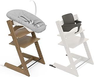 Stokke Tripp Trapp Oak Chair (Brown) with Newborn Set and Baby Set (Hazy Grey) - Safe, Adjustable, Ergonomic Design