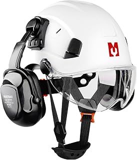 Construction Hard Hats Ventilated Safety Helmet with Clear Visor,Hearing Protection,Earmuffs and Chin Strap,53 to 63 cm Adjustable Hard Hat for Forestry, Chainsaw, Industrial