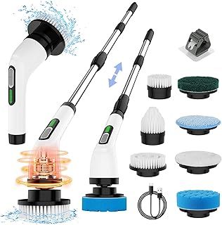 MoKo Electric Cleaning Brush, Electric Scrubber up to 490 RPM with 7 Replaceable Brush Heads,Power Display, Adjustable Long Handle, Electric Scrubber for Cleaning Shower/Bathroom/Tub/Tile/Floor