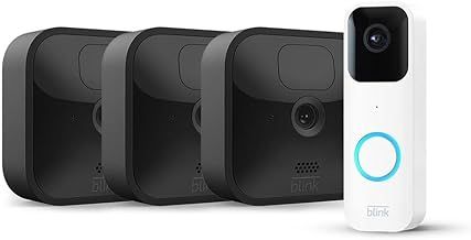 Blink Outdoor with two-year battery life | 3-Camera System (Black) + Blink Video Doorbell (White) | HD Smart Security camera, motion detection, Alexa enabled