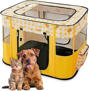 ALLSOPETS Foldable Pet Play Pen, Portable Cat Dog Pen, Removable Zipper Pet Tent, Dog Crate for Indoor/Outdoor Travel Camping Use, Ideal for Puppies Kittens and Birthing (Yellow Carrots, M)