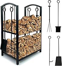 Crystals 2 Tier Metal Firewood Log Holder - Log Store - Log Rack for Fireplace - Firewood Rack for Fireplace Wood Storage Shelf with 4 Tools and Hooks, Indoor Outdoor, Large, Black
