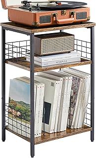 YMYNY 3 Tier End Table, Record Player Stand with Storage, Industrial Tall Side Table, Small Bookshelf, Bookcase, Display Rack, Telephone Table for Living Room Bedroom 40×29×62.5CM Rustic Brown HST009H