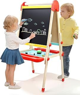 Childrens Painting Easel and Blackboard, Wooden Art Easel for Kids, Childs Chalkboard Easel for Toddlers