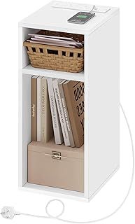 WOLTU Slim Bedside Table with Charging Station, Nightstand with 2 Sockets & 2 USB Ports, Narrow Side Table with 2 Open Compartments, White Small Table for Bedroom Living Room, 25x30x60cm