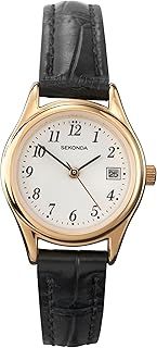 Sekonda Womens 27mm Robinson Analogue 3 Hand Classic Quartz Watch Gold Case with White Dial Date Window and Black Leather Strap 30m Water Resistant