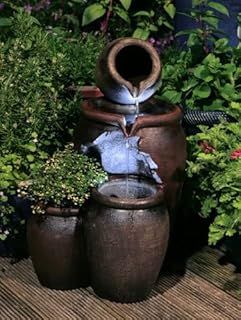 Primrose 50cm Earthenware Honey Pot 3 Tier Outdoor Water Feature with Planter & LED Lights