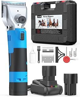 oneisall Cordless Horse Clippers with 2 Batteries, Heavy Duty Horse Grooming Clippers for Thick Hair, Detachable Stainless Steel Blade, Professional Horse Grooming Kit