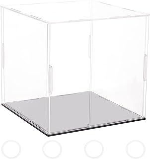 FINGERINSPIRE Clear Acrylic Display Case with Black Base & 4 Pcs Rubber Rings 16x16x15cm Cube Clear Self-Assembly Acrylic Box Dustproof Protection Showcase for Action Figures Collectibles Toys
