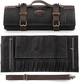 Chef Knife Roll Bag Professional,16oz Waxed Canvas and Crazy Horse Leather,12 Slots Plus 2 Zipper Pockets,Black,Adjustable Shoulder Strap-Travel Tool Roll Pouch(Bag Only)